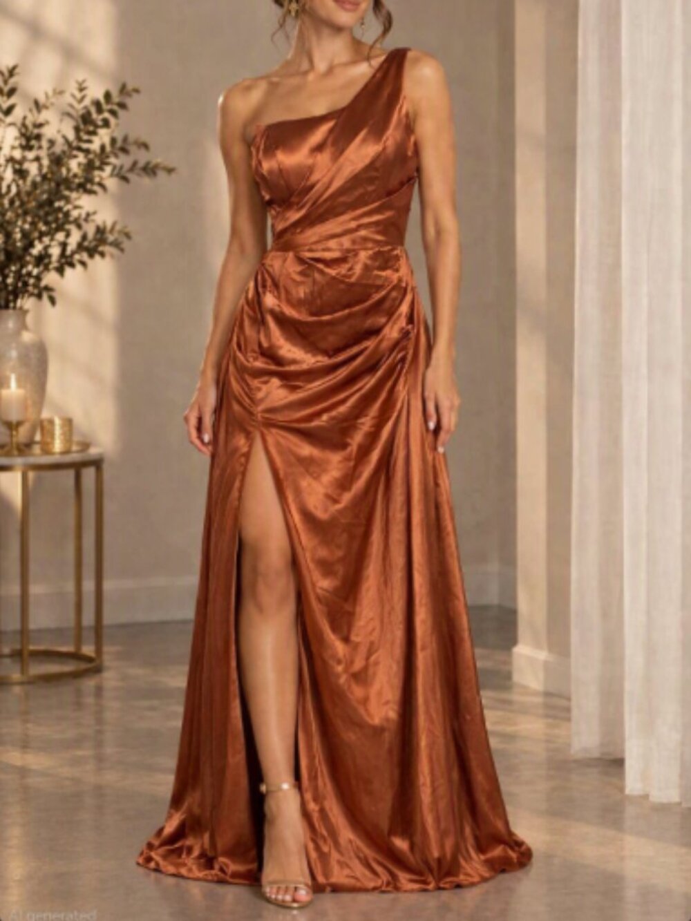 One-Shoulder Copper Satin Draped Wedding Guest/Formal Dress